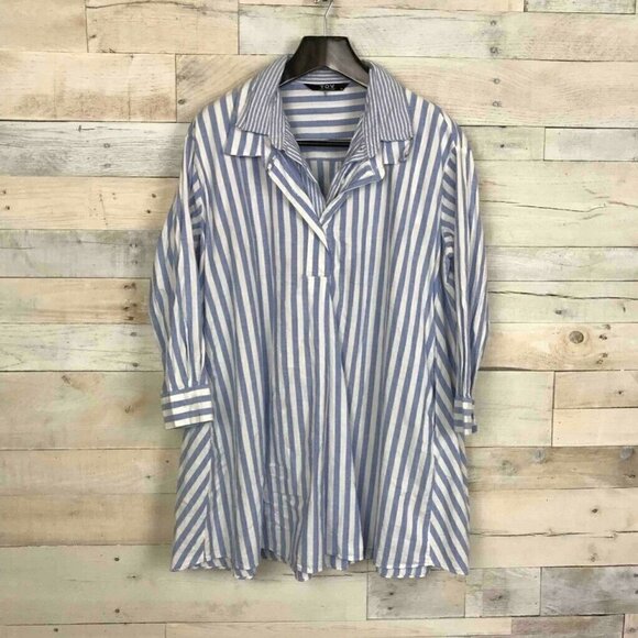 TOV Shirt Dress Blue White Stripes 1/4 Button 38 - Picture 1 of 6